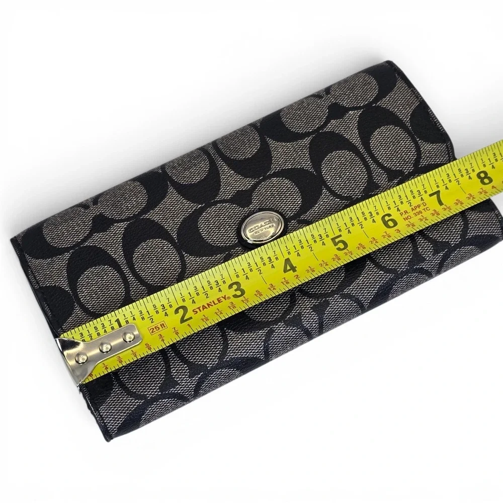 Coach Peyton Signature Jacquard Trifold Checkbook Wallet Black Gray Zip Clutch - Picture 6 of 11